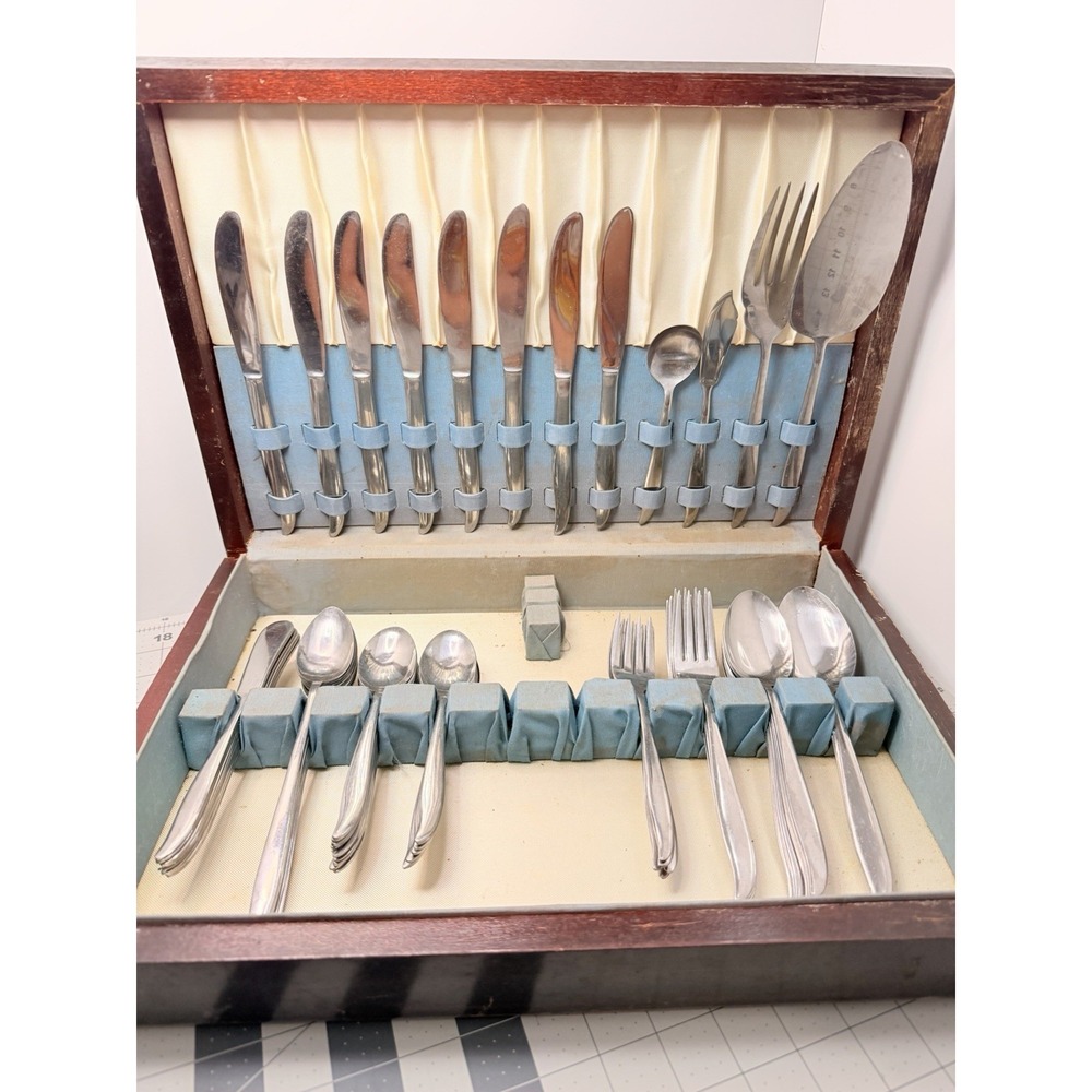 Vintage Linmark Stainless Japan Flatware Set w/ Wood Box Case Mid Century